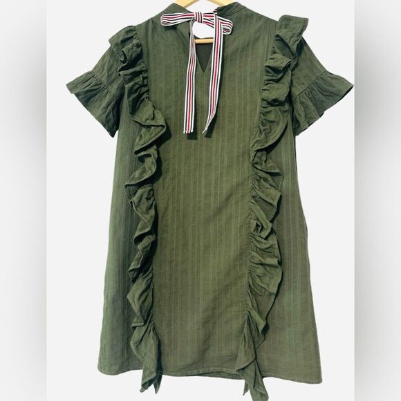 English Factory Nordstrom Olive Green Ruffle Shirt Dress XS - Picture 2 of 8